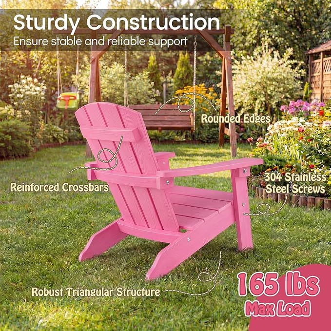 Giantex Kids Adirondack Chair, All-Weather HIPS Children's Outdoor Chair w/Ergonomic Design, Toddler Lawn Chairs for Age 3-8, Kids Beach Chair for Garden Patio Backyard (1,Pink)