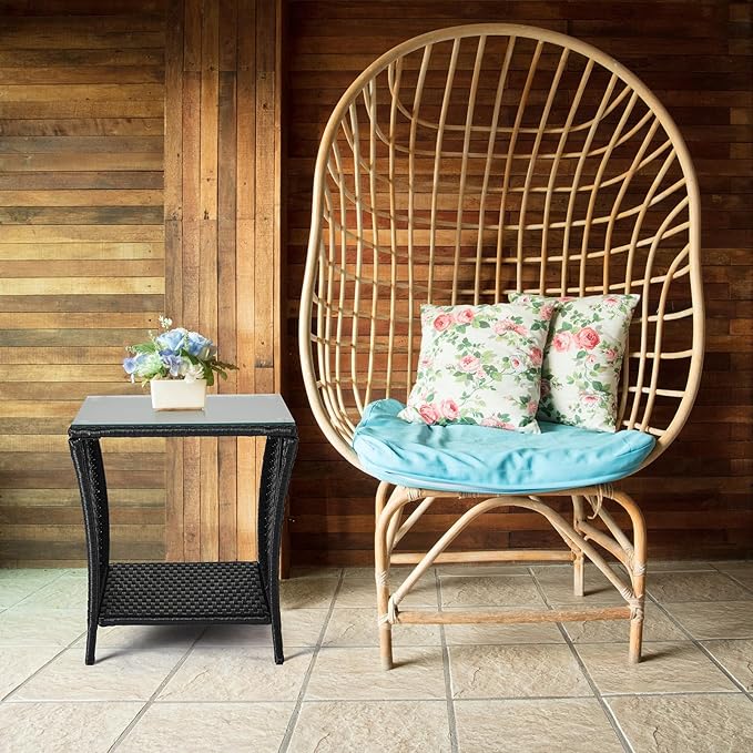 Bonnlo Outdoor Coffee Table, Small Garden Side Table with Glass Top and Shelf Underneath, Outside Patio Balcony - Photo 8
