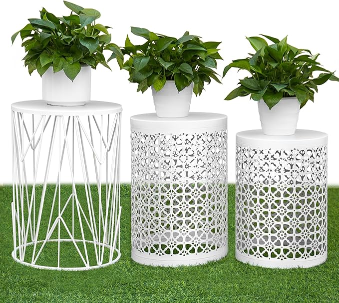 HFHOME Set of 3 Heavy-Duty Round End Table, Side Table, Coffee Table for Indoor Multifunctional Use, Outdoor Decorative Garden Stool Plant Stand-White