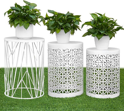 HFHOME Set of 3 Heavy-Duty Round End Table, Side Table, Coffee Table for Indoor Multifunctional Use, Outdoor Decorative Garden Stool Plant Stand-White