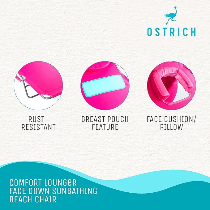 Ostrich Comfort Lounger Face Down Sunbathing Chaise Lounge Beach Chair with 3-Position Folding for Outdoor Camping, Pool, and Beach, Pink (2 Pack)