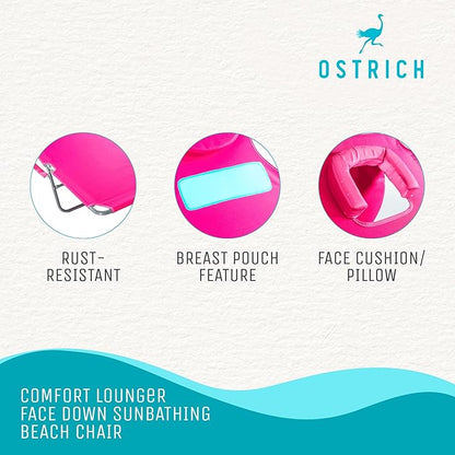 Ostrich Comfort Lounger Face Down Sunbathing Chaise Lounge Beach Chair with 3-Position Folding for Outdoor Camping, Pool, and Beach, Pink (2 Pack)