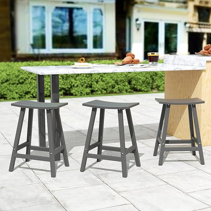 Costaelm All-Weather Bar Stools Set of 3, 24" Height Outdoor Bar Stools, Adirondack Poly Patio Bar Stool for Patio, Deck, Kitchen Counter and Garden, Gray