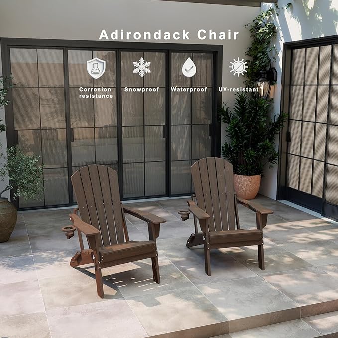 Folding Adirondack Chair Set of 6, HDPE Outdoor Patio Chair with Cup Holder, All Weather Plastic Lawn Chair with Wide Armrests, Portable Patio Chair for Backyard Deck Garden Fire Pit Poolside, Coffee