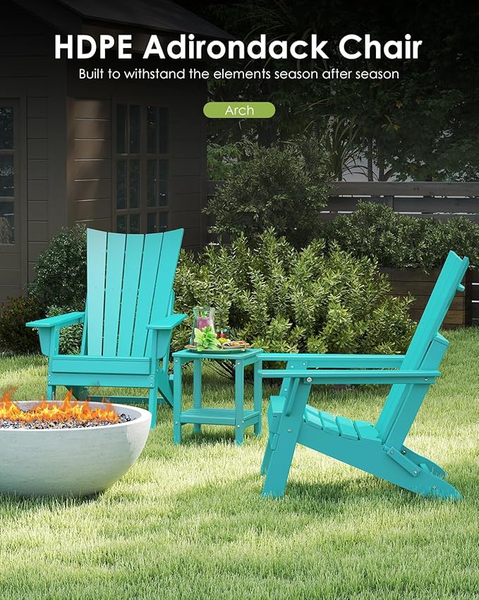 GREENVINES Folding-Adirondack-Chairs-Set-of-2 | HDPE Plastic | Arch Series | Fire Pit Chair | All Weather | for Outdoor Patio Deck Backyard Poolside | Aqua