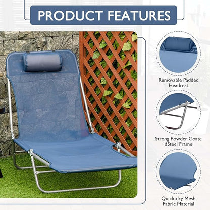 Folding Chaise Lounge Pool Chair, Patio Sun Tanning Chair, Outdoor Lounge Chair with 6-Position Reclining Back, Breathable Mesh Seat, and Headrest for Beach, Yard, Patio(Blue1)