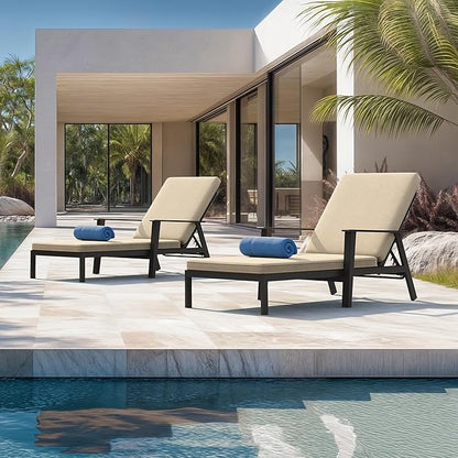 PURPLE LEAF Pool Lounge Chairs with Thick Cushions and Adjustable Backrest Metal Outdoor Chaise Lounge Patio Lounger Set of 2 for Outside Beach Poolside Deck Backyard, Beige