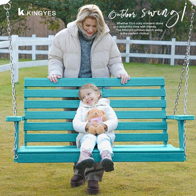 KINGYES Outdoor Hanging Porch Swing, 2 Seat Patio Swing Chair with Cup Holders - Photo 7