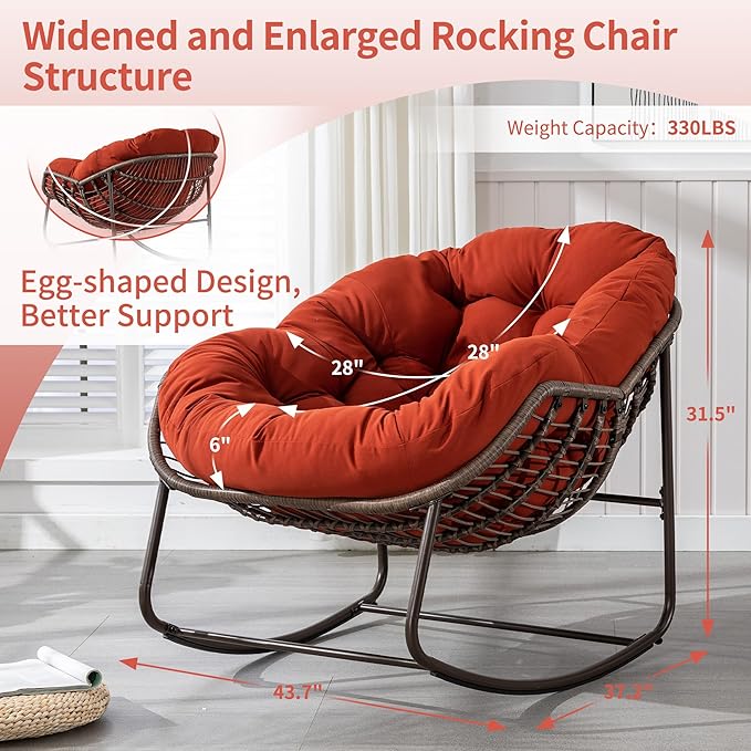 HOMEFUN Outdoor Patio Rocking Chairs Set of 2, Oversized Papasan Rock Chair Indoor with Padded Cushion - Rocker Egg Seat for Front Porch, Garden, Backyard Orange