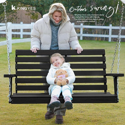 KINGYES Outdoor Hanging Porch Swing Set of 4, 2 Seat Patio Chair With Cup Holders, Waterproof Bench for Courtyard & Garden, 660LBS Weight Capacity, Black