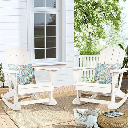 Sundale Outdoor Rocking Chair Set of 4 with Pillow, Patio Plastic All Weather Adirondack Rocker for Proch, Water Resistant for Outside, Garden, Pool, Yard, White