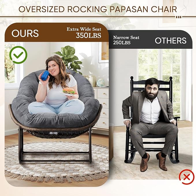 Large Indoor Rocking Chair, Oversized Rocking Papasan Chair with Thick Cushion & Frame, Comfy Corduroy Rocker Wicker Egg Chairs Lounge Reading Chair for Living Room, Bedroom, Apartment, Charcoal Grey