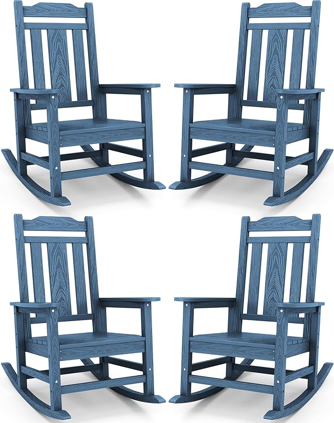 SERWALL Oversized Rocking Chair, HDPE Outdoor Rocking Chairs Set of 4, Patio Rocking Chair Sets for Adults, Blue