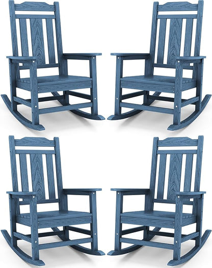 SERWALL Oversized Rocking Chair, HDPE Outdoor Rocking Chairs Set of 4, Patio Rocking Chair Sets for Adults, Blue