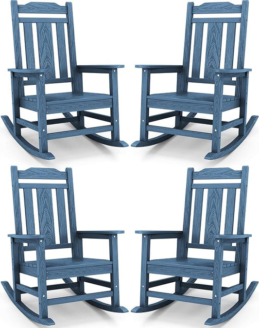 SERWALL Oversized Rocking Chair, HDPE Outdoor Rocking Chairs Set of 4, Patio Rocking Chair Sets for Adults, Blue