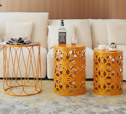 HFHOME Set of 3 Metal Outdoor Side Table, Nesting Round Coffee Table for Indoor Outdoor, Heavy Duty End Tables Plant Stand Living Room Garden Stool - Orange
