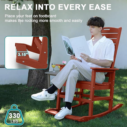 PLUUV Outdoor Rocking Chair Set of 2 with Removable Footboard for Adults, HDPE High Back Patio Rocking Chairs, 330lbs All Weather Porch Rocking Chairs for Outdoor & Indoor -Reddish Brown