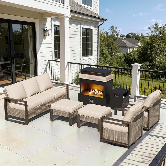 6 Pieces Metal Wicker Patio Furniture Set - 75" Sofa, Two Swivel Chairs and Two Ottomans - Photo 1