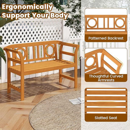 Tangkula Acacia Wood Outdoor Bench with Backrest, 2-Person Patio Wood Bench with Curved Armrests, Slatted Seat, Garden Bench Loveseat for Park, Yard, Lawn, Patio, 800 LBS Max Load