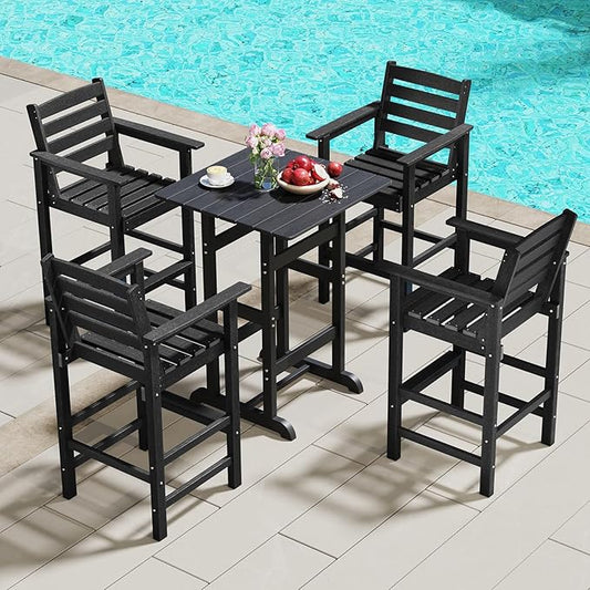 Giantex 29” Bar Stools Set of 4, HDPE Barstools w/Back, Armrests & Footrests, Max Load 330Lbs, Counter Height Bar Stools, Adirondack Chair for Patio Balcony Outdoor Bistro Set, Black