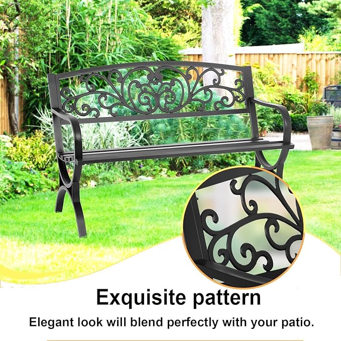 Stylish 50" Outdoor Metal Garden Bench, Weatherproof 2-Person Patio Seating with Floral Backrest & Arch Legs, Perfect for Lawn, Porch, Park, Backyard (Red)