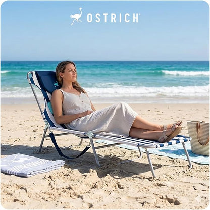 Ostrich the Ladies Comfort Lounger with Chest Support, Foldable & Portable Reclining Outdoor Patio Beach Lawn Camping Pool Tanning Chair, Blue Stripe