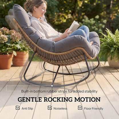 Outsunny Double Papasan Rocking Chair, Wicker Oversized Indoor Outdoor Rocking Chair with Cushion, PE Rattan Padded Outdoor Rocker Egg Chairs for Living Room, Garden, Patio, Balcony, Gray