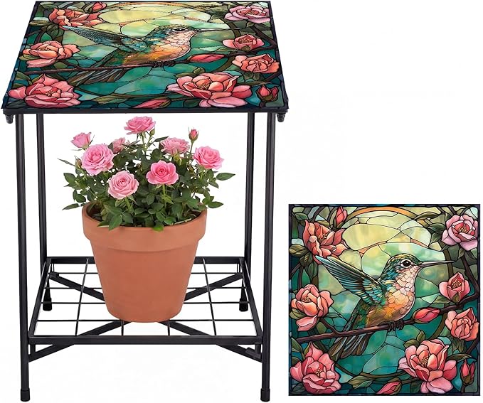 Outdoor Side Table 2-Tier Storage Square Small Mosaic Patio Accent Indoor End Plant Coffee Tea Table for Yard Patio Porch Garden Living Room, Bedroom(Hummingbird Style)