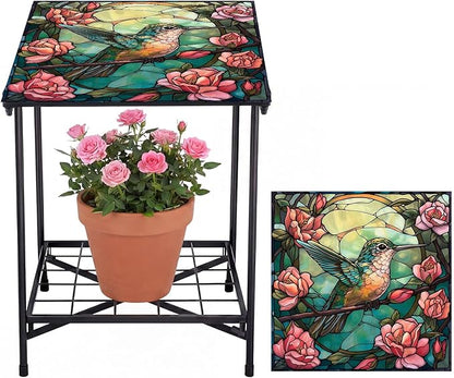 Outdoor Side Table 2-Tier Storage Square Small Mosaic Patio Accent Indoor End Plant Coffee Tea Table for Yard Patio Porch Garden Living Room, Bedroom(Hummingbird Style)