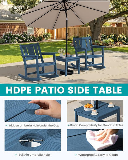 SERWALL Outdoor Rocking Chairs Set of 2 with 1 Side Table & 9ft Patio Umbrella, All-Weather HDPE 3 Piece Patio Furniture Set, Patio Bistro Set with Umbrella Hole for Porch Deck Lawn Balcony, Blue