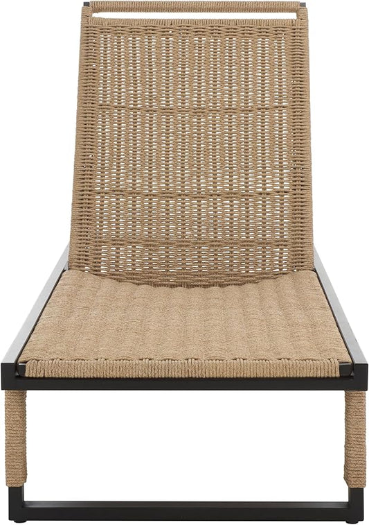 SAFAVIEH Outdoor Patio Furniture Collection - Arman Black Metal & Heather Tan Rope Chaise Lounge Chair, 6 Reclining Positions, No Cushion (PAT7548A)
