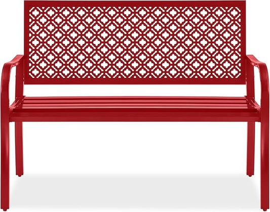 Best Choice Products Outdoor Bench 2-Person Metal Steel Benches Furniture for Garden, Patio, Porch, Entryway w/Geometric Backrest, 790lb Capacity - Rose Red