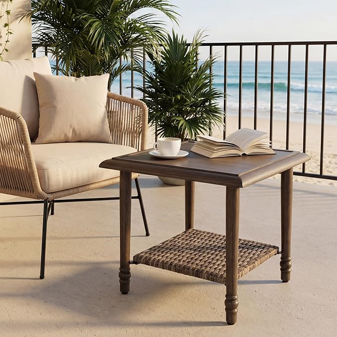 Loungewave Square Outdoor Side Table, 2-Tier Storage Patio Side Table, 20in Wicker Rattan Coffee Table, Metal End Table, Indoor Outdoor Wicker Small Table for Patio, Pool, Porch (Brown)