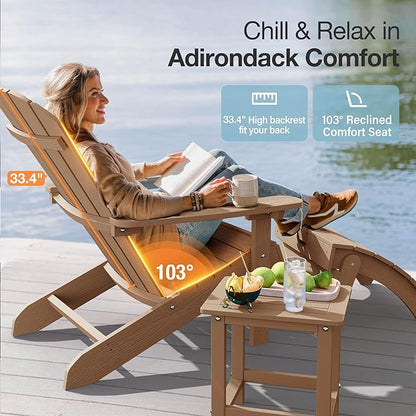 YEFU Plastic Adirondack Chairs Set of 2: Weather Resistant HIPS Composite Adirondack Chair for Outdoor Use - Oversized Backrest Fire Pit Chairs for Adults Outside Relaxation Leisure Party (Teak)