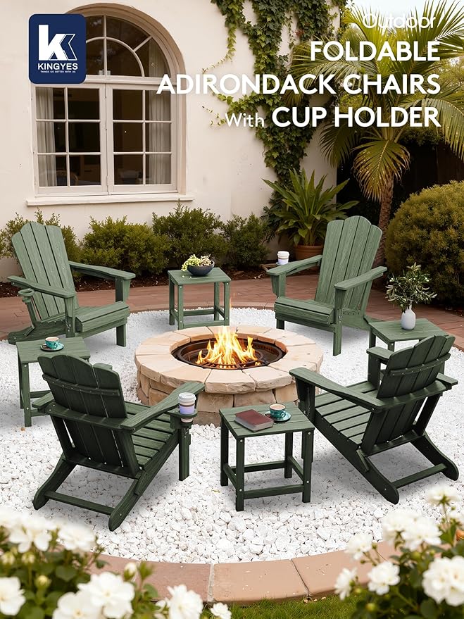 KINGYES Folding Adirondack Chair Set of 2, HDPE All-Weather Patio Chairs with Cup Holder - Photo 6