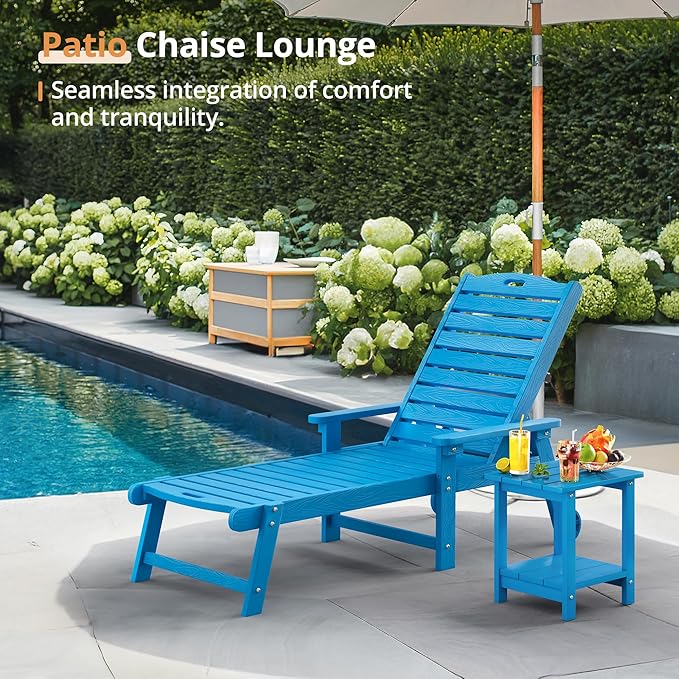 LUE BONA Lounge Chair Outdoor Set of 4, HDPS Chaise Lounge Outdoor with Wheels, 5 Positions Adjustable Pool Lounger Chairs for Outside, Patio, Deck, Blue