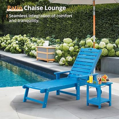 LUE BONA Lounge Chair Outdoor, HDPS Chaise Lounge Outdoor with Wheels, 5 Positions Adjustable Pool Lounger Chairs for Outside, Patio, Deck, Blue