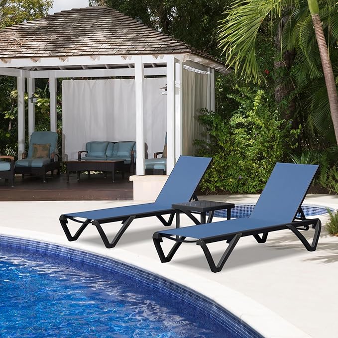Outdoor Chaise Lounge 3 Pieces Aluminum Patio Lounge Chair with 5 Adjustable Position Recliner Chair Outside Tanning Chairs for Patio, Beach, Yard, Pool, Side Table Included (Navy Blue)