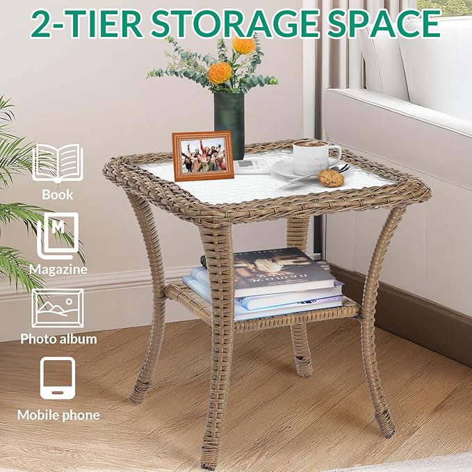 VIVIJASON Outdoor Wicker Side Table, All-Weather Rattan Patio Side Table Bistro Table with 2-Tier Storage, Tempered Glass Top Square End Table for Indoor, Balcony, Garden, Porch, Deck, Brown