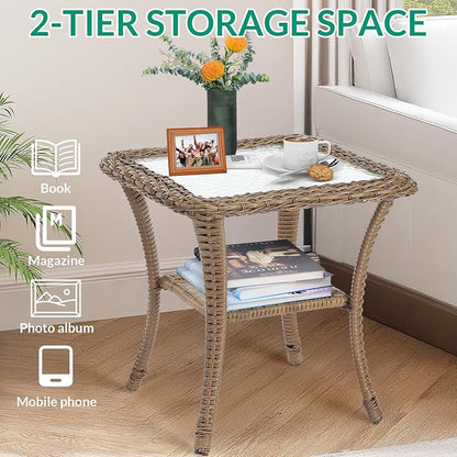 VIVIJASON Outdoor Wicker Side Table, All-Weather Rattan Patio Side Table Bistro Table with 2-Tier Storage, Tempered Glass Top Square End Table for Indoor, Balcony, Garden, Porch, Deck, Brown