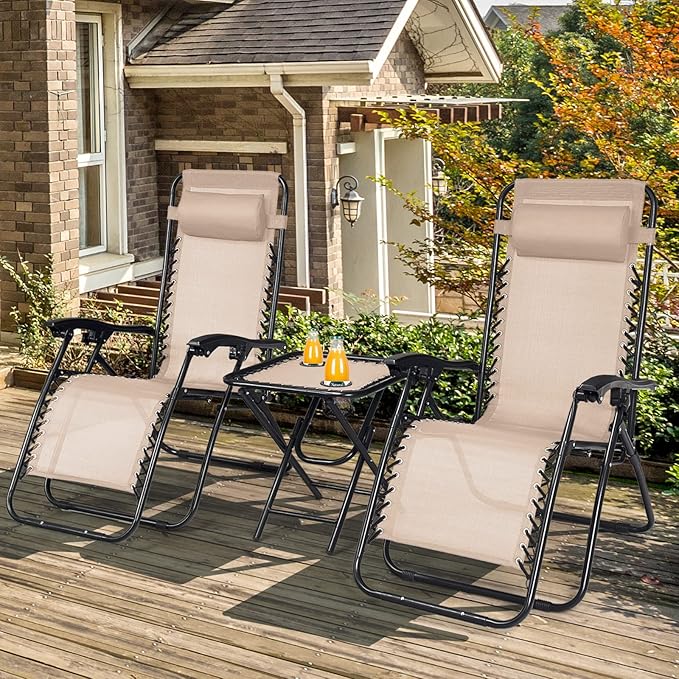 HAPPYGRILL Zero Gravity Lounge Chairs Set with Coffee Table, Folding Reclining Chairs with Side Table and Pillow - Photo 3