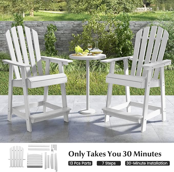 Tangkula Outdoor Bar Stool, HDPE Tall Adirondack Chair with Armrest & Footrest, Weather Resistant 47 Inch Counter Height Barstool Lifeguard Chair for Pool Deck Patio Garden, Balcony Chairs (2, White)