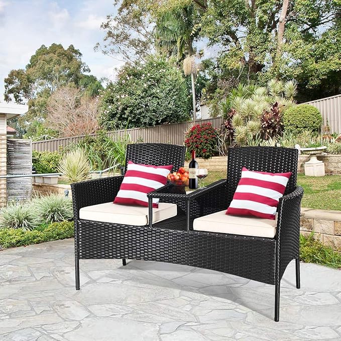 Outdoor Loveseat, 2 Seats Chair with Table, Cushions, Tempered Glass Tabletop, Wicker Patio Conversation Furniture Set - Photo 3
