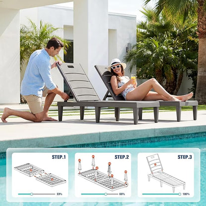 Devoko Outdoor Chaise Lounge Chair Set of 2 with 5-Position Adjustable Back, Waterproof & Lightweight PP Lounge Chairs for Outside Pool Patio (Light Brown)