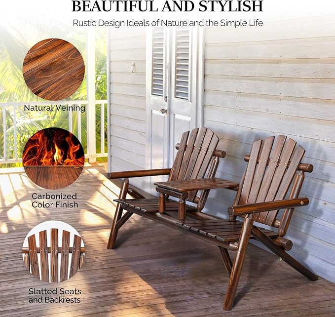 VINGLI Outdoor Adirondack Bench with Built-in Table, Wood Garden Bench for Porch, Yard, Garden, Patio, Deck, Firepit, Pool