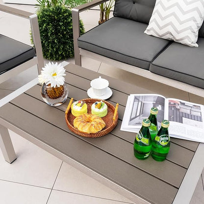 Tangkula Aluminum Outdoor Coffee Table, Modern Rectangular Cocktail Table with Plastic Wood Tabletop & Rustproof Aluminum Frame, All-Weather Accent Table for Patio, Poolside, Garden (Grey)
