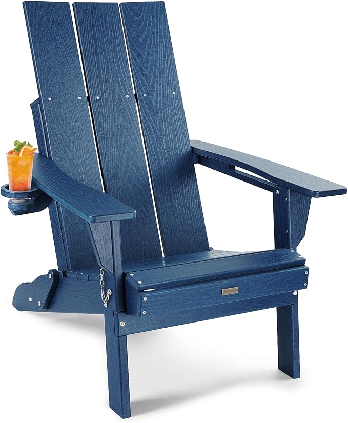 Adirondack Chair with Cup Holder: Folding Adirondack Chairs Plastic HDPE Material Furniture - Modern Composite Fire Pit Chairs Foldable for Outdoor/Backyard/Garden/Lawn/Deck/Porch/Patio