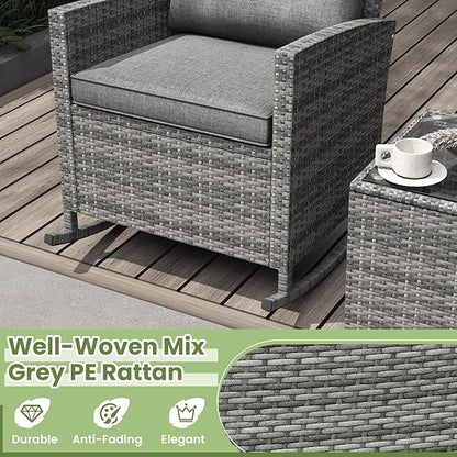 Tangkula 3 Piece Wicker Rocking Set, Patio Rattan Roker Chairs with Tempered Glass Table & Soft Cushions, Outdoor Furniture Set for Backyard, Poolside Porch (Grey)