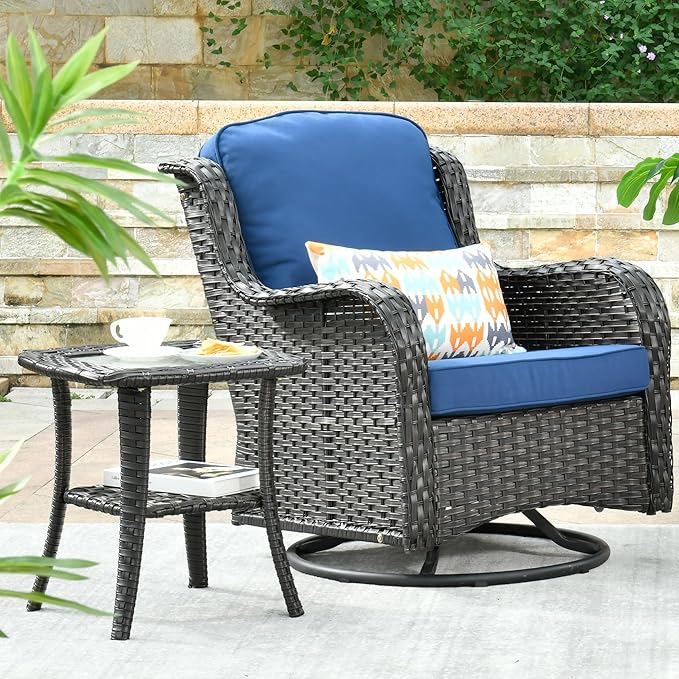ovios Outdoor Side Table with Tempered Glass Top, Patio Wicker Rattan Bistro Coffee Tables with 2 Tiers Storage for Porch Deck Balcony Garden Poolside, Brown
