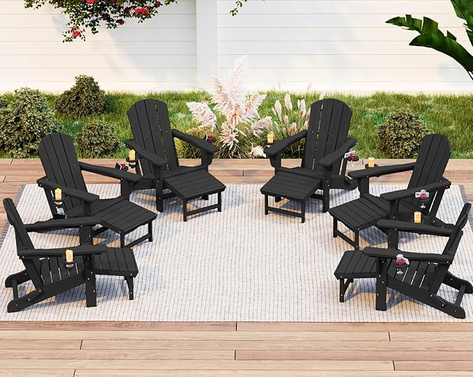 KINGYES Folding Adjustable Adirondack Chair with Retractable Ottoman Set of 6, HDPE All Weather Chair with Cup Holder - Recliner Adirondack Chair, Black